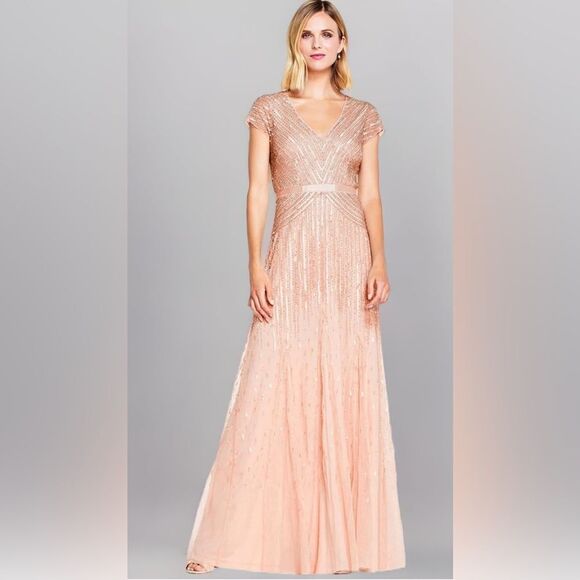 Adrianna Papell Women's Long Beaded V-Neck Dress With Cap Sleeves